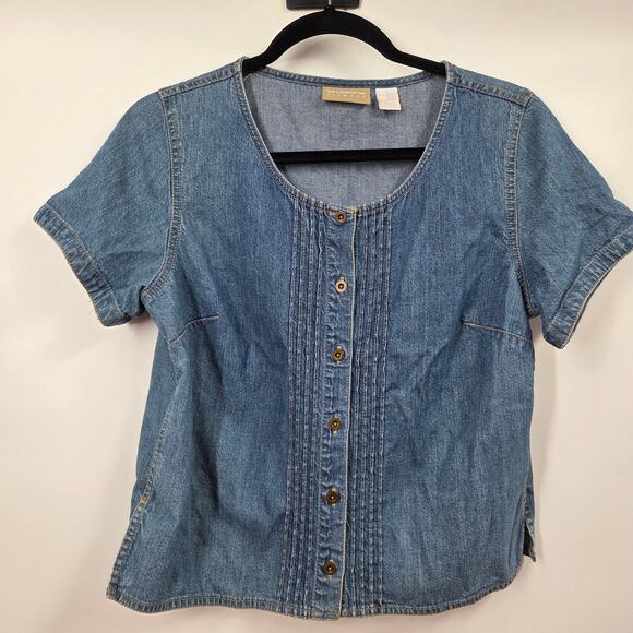 VTG Denim Short Sleeve Top Liz Claiborne Lizwear Blue Button Front Baby Doll 6 - Picture 1 of 5